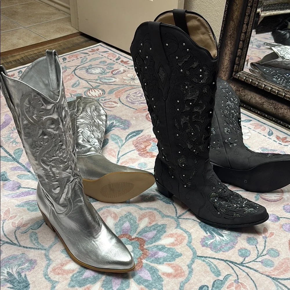 Silver and Black Embellished Women's Cowboy Boots - Picture 2 of 14